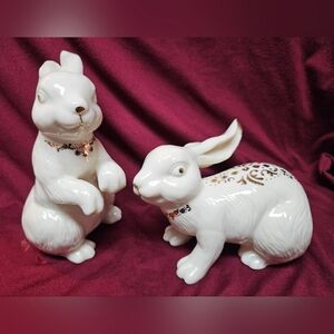 Set of 2 Porcelain Formalities by Baum Bros Rare Jeweled Decorated Bunnies